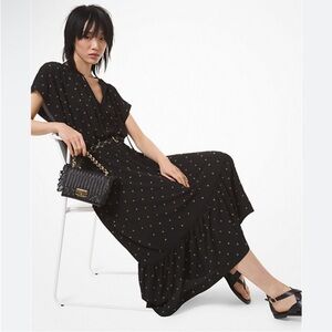 Michael Kors Black and Gold Grammot Maxi Dress With Belt